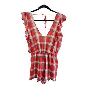 Blue Life Size XS Ruffled Red Checked Cotton Voile Romper Boho Western
